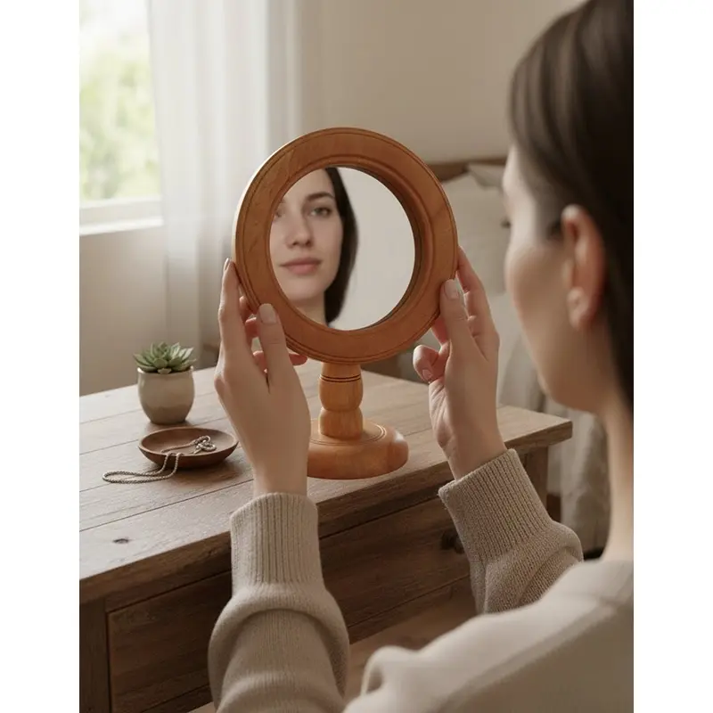 Picture of wooden mirror , wooden makeup mirror ( 7 inch  mirror with frame ) - Multicolor
