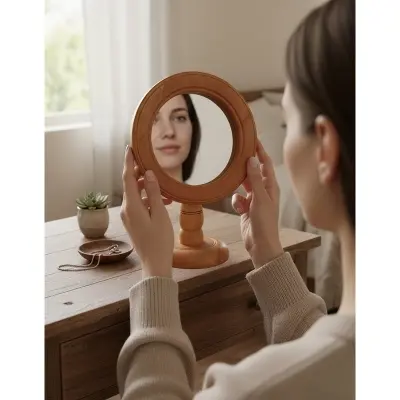 Picture of wooden mirror , wooden makeup mirror ( 7 inch  mirror with frame ) - Multicolor