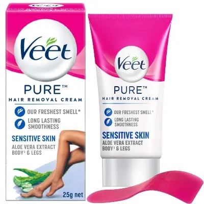 Picture of Veet Pure™ Hair Removal Cream 25g Normal Skin for Body & Legs, Freshest Smell with Organic Aloe Vera and Rose Extract, Dermatologically Tested - Hair Removal 25 gm