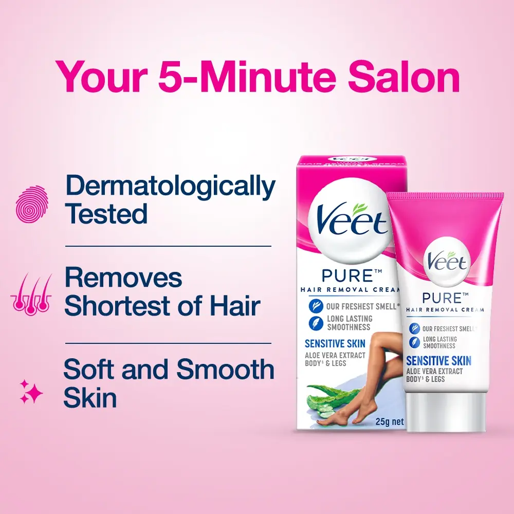 Picture of Veet Pure™ Hair Removal Cream 25g Normal Skin for Body & Legs, Freshest Smell with Organic Aloe Vera and Rose Extract, Dermatologically Tested - Hair Removal 25 gm