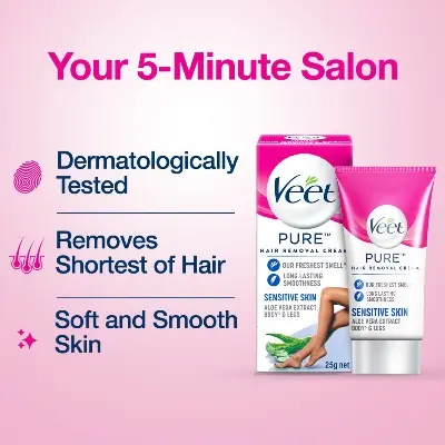 Picture of Veet Pure™ Hair Removal Cream 25g Normal Skin for Body & Legs, Freshest Smell with Organic Aloe Vera and Rose Extract, Dermatologically Tested - Hair Removal 25 gm