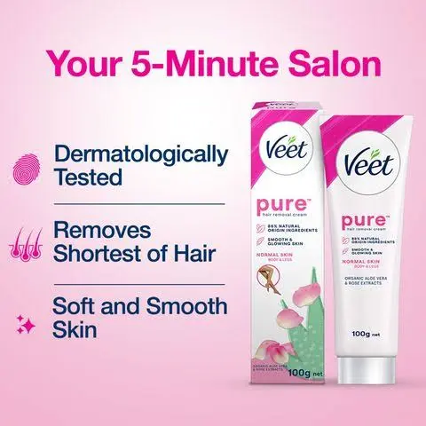 Picture of Veet Pure™ Hair Removal Cream 25g Normal Skin for Body & Legs, Freshest Smell with Organic Aloe Vera and Rose Extract, Dermatologically Tested - Hair Removal 25 gm