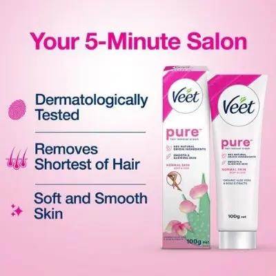 Picture of Veet Pure™ Hair Removal Cream 25g Normal Skin for Body & Legs, Freshest Smell with Organic Aloe Vera and Rose Extract, Dermatologically Tested - Hair Removal 25 gm