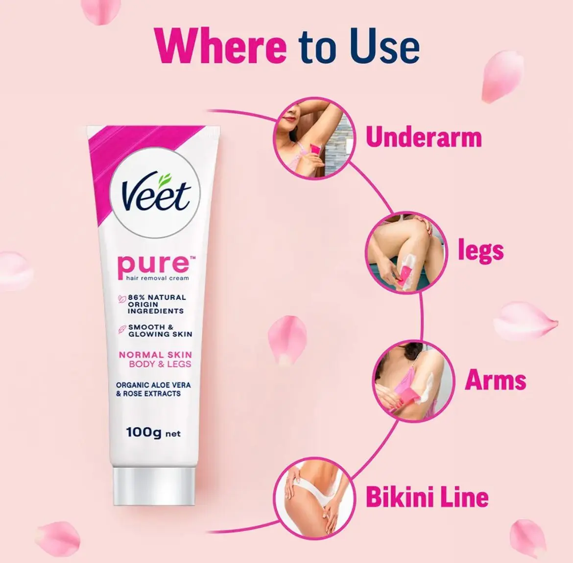 Picture of Veet Pure™ Hair Removal Cream 100g Normal Skin for Body & Legs, Freshest Smell with With Organic Aelo Vera and Rose Extract, Dermatologically Tested - Hair Removal