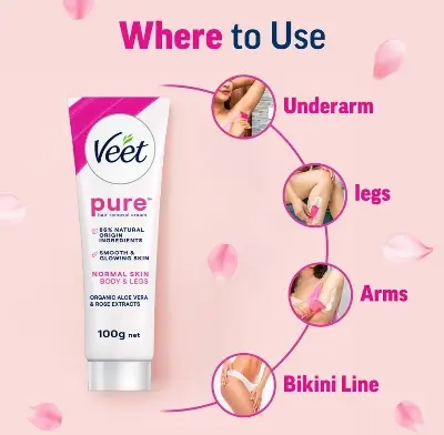 Picture of Veet Pure™ Hair Removal Cream 100g Normal Skin for Body & Legs, Freshest Smell with With Organic Aelo Vera and Rose Extract, Dermatologically Tested - Hair Removal