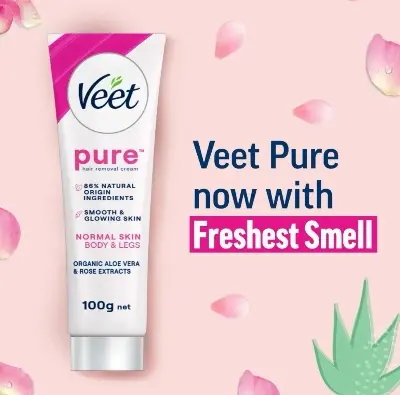 Picture of Veet Pure™ Hair Removal Cream 100g Normal Skin for Body & Legs, Freshest Smell with With Organic Aelo Vera and Rose Extract, Dermatologically Tested - Hair Removal
