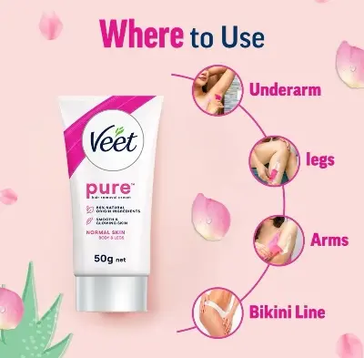 Picture of Veet Pure™ Hair Removal Cream 50g Normal Skin for Body & Legs, Freshest Smell with Organic Aloe Vera and Rose Extract, Dermatologically Tested - Hair Removal 50gm