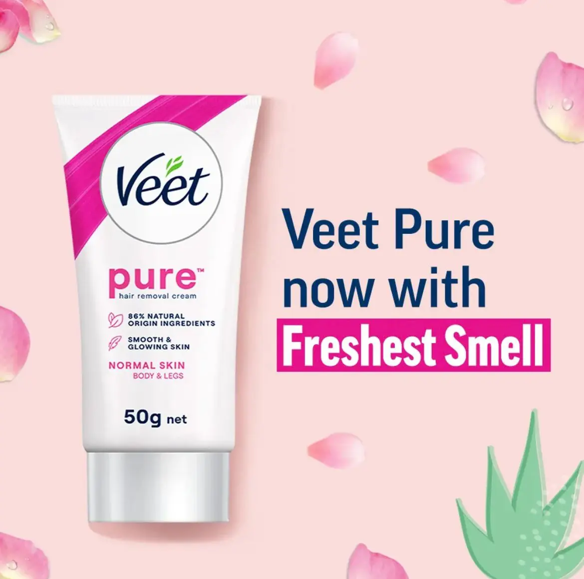 Picture of Veet Pure™ Hair Removal Cream 50g Normal Skin for Body & Legs, Freshest Smell with Organic Aloe Vera and Rose Extract, Dermatologically Tested - Hair Removal 50gm