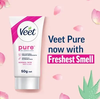 Picture of Veet Pure™ Hair Removal Cream 50g Normal Skin for Body & Legs, Freshest Smell with Organic Aloe Vera and Rose Extract, Dermatologically Tested - Hair Removal 50gm