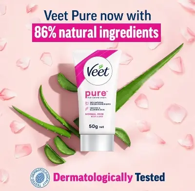 Picture of Veet Pure™ Hair Removal Cream 50g Normal Skin for Body & Legs, Freshest Smell with Organic Aloe Vera and Rose Extract, Dermatologically Tested - Hair Removal 50gm