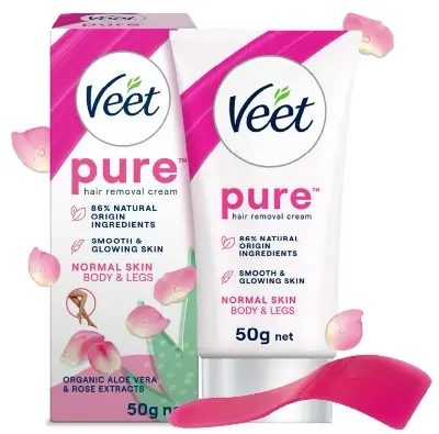 Picture of Veet Pure™ Hair Removal Cream 50g Normal Skin for Body & Legs, Freshest Smell with Organic Aloe Vera and Rose Extract, Dermatologically Tested - Hair Removal 50gm