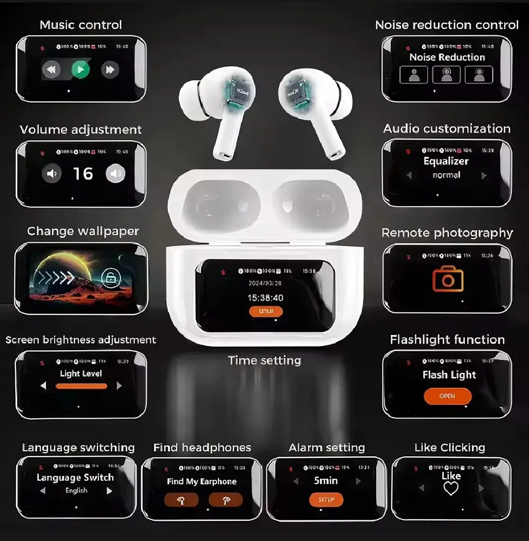 Picture of Airpods Pro 2nd Generation With Touch Screen Display 100% ANC/ENC Double Dark Noise Reduction A9 Bluetooth Headphone - White
