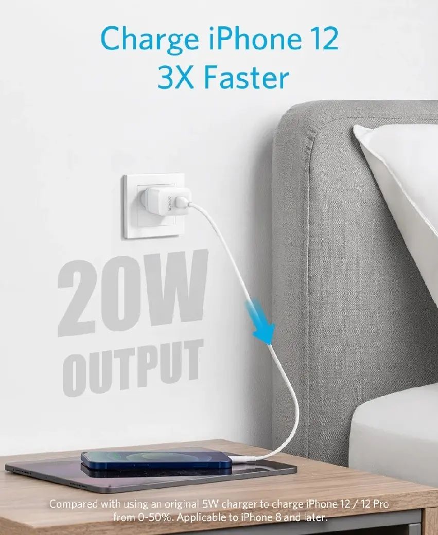 Picture of Official Anker PowerPort IQ3 Fast 20W USB-C Adapter compatible with Apple iphones - White