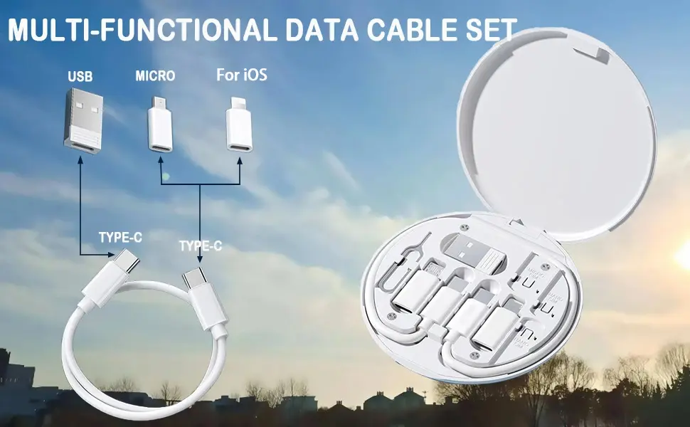 Picture of Geeoo G100 Multi Function Fast Charging Data Cable Kit With Type-C to Micro, Type-C to Lightning, Type-C to USB Converter, SIM Card Pin, Micro & Nano SIM Slot - White