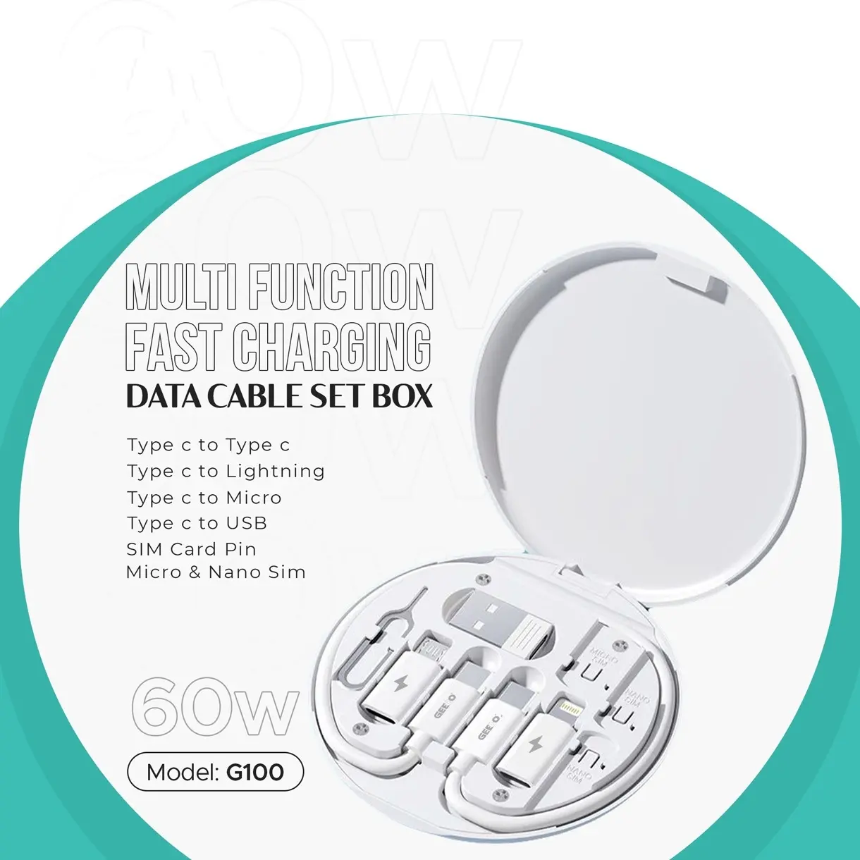 Picture of Geeoo G100 Multi Function Fast Charging Data Cable Kit With Type-C to Micro, Type-C to Lightning, Type-C to USB Converter, SIM Card Pin, Micro & Nano SIM Slot - White