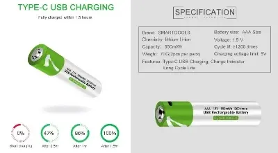 Picture of Smartoools 1.5V AA Type-C Rechargeable Battery With Type-C Charging Cable (2 Pack) - White