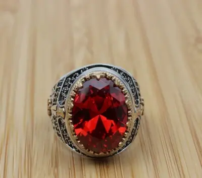 Picture of Handmade Sterling Silver Mens Ring: Ottoman Ruby Ring - Red