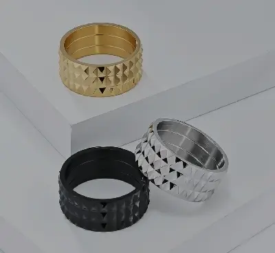 Picture of Exaggerated Diamond-shaped Stainless Steel Non-gender Unisex Personality Titanium 10mm Black/Golden/Silver Wide Ring Fashion Jewelry