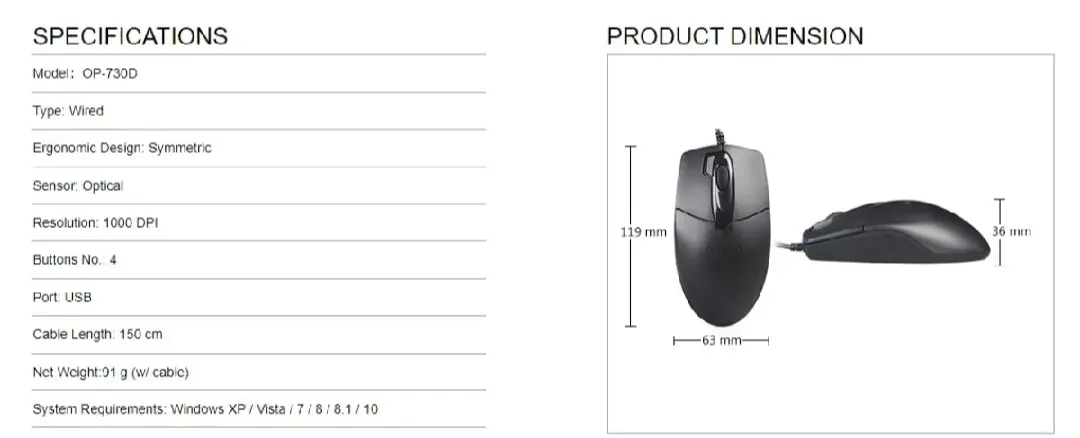 Picture of A4tech OP-730D 2x Click Optical Wired Mouse - 1000 DPI - Optical Sensor - Double click Button - 4-Way Wheel - Black