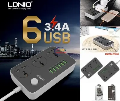 Picture of LDNIO Power Strips 3 Socket with 6 USB Port For Charging - Dark Grey - Grey