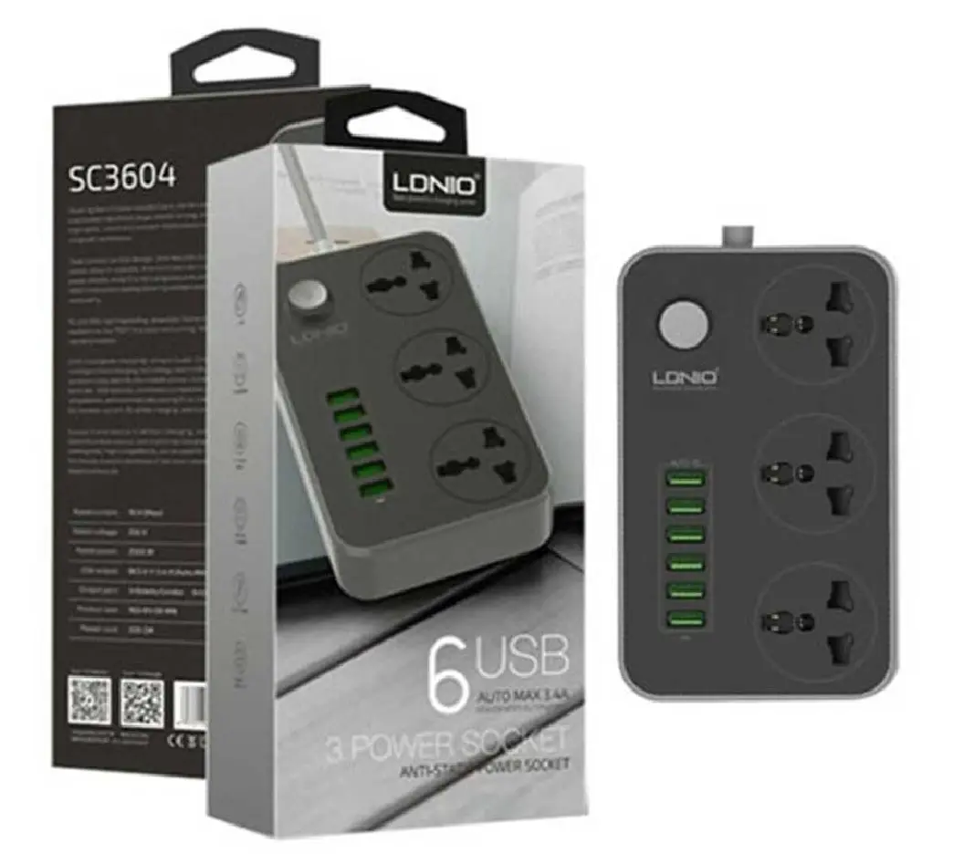 Picture of LDNIO Power Strips 3 Socket with 6 USB Port For Charging - Dark Grey - Grey