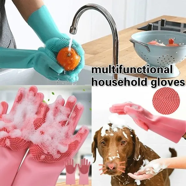 Picture of High Quality Silicone Dish Washing Kitchen Hand Gloves Kitchen Cleaner - 2 Pcs