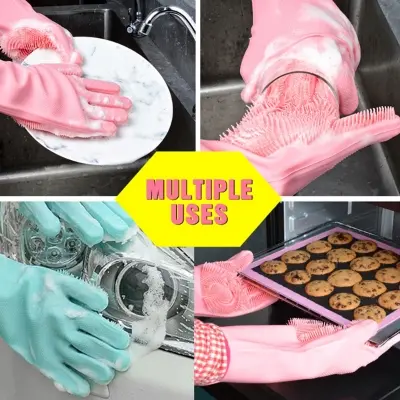 Picture of High Quality Silicone Dish Washing Kitchen Hand Gloves Kitchen Cleaner - 2 Pcs