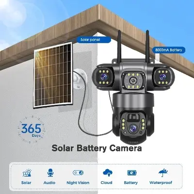 Picture of Solar 4G V380 Pro 3 three Lens Waterproof 4G Sim Support Solar system Battery Backup 9MP Full HD IP Camera. 360 Degree Wide Angle Auto Tracking Color Night Vision Two Way Audio PTZ IP Camera CCTV Security Camera - Black