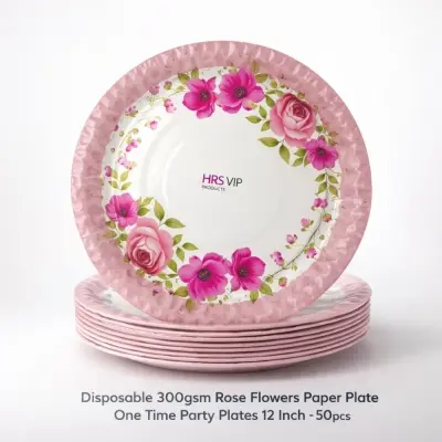 Picture of Disposable 300gsm Rose Flowers Paper Plate One Time Party Plates 12 Inch – 50pcs