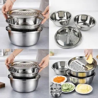 Picture of Stainless Steel 3-in-1 Vegetable Grater Basin – Multi Functional Drain & Slicer Bowl (26cm)