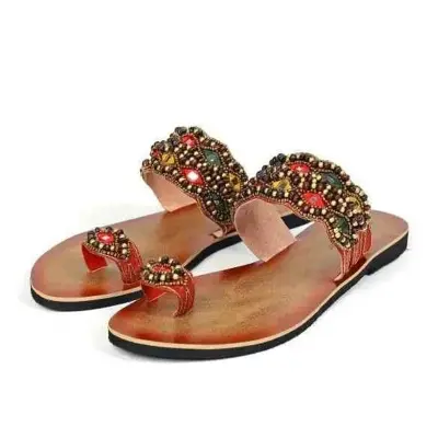 Picture of Ladies Gorgeous Random Use Flat Sandals With Puthi work - Rajsthani Stone Work One Pie Girls Flat Shes - Womens One Pie Casual Slipper - Female Flat Slides Sandals (Black)