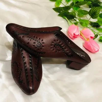 Picture of Ladies Beautiful Gorgeous Leather Loafer Design Heel Party Shoes for Women and Girls | Attractive Design Chocolate Color Half Loafer Shoes For Ladies and Girls (Choclate)