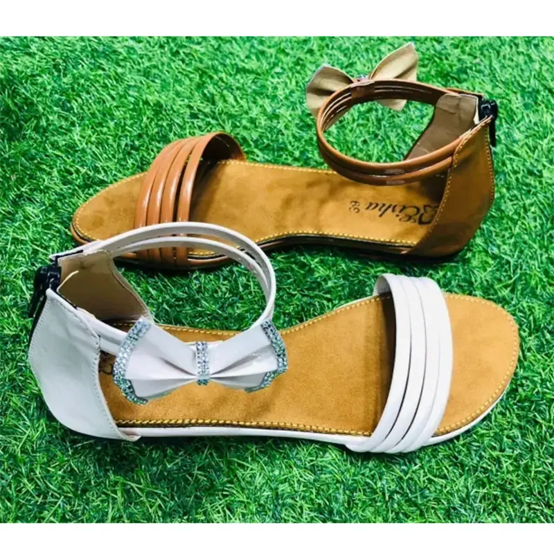 Picture of Ladies Full Gorgeous Stylist Zip System Flat Heel Fashionable Sandals - Girls Cute Slim Sandal (Brown)