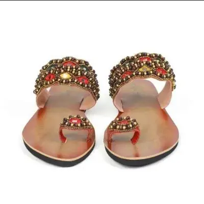 Picture of Ladies Gorgeous Random Use Flat Sandals With Puthi work - Rajsthani Stone Work One Pie Girls Flat Shes - Womens One Pie Casual Slipper - Female Flat Slides Sandals (Black)