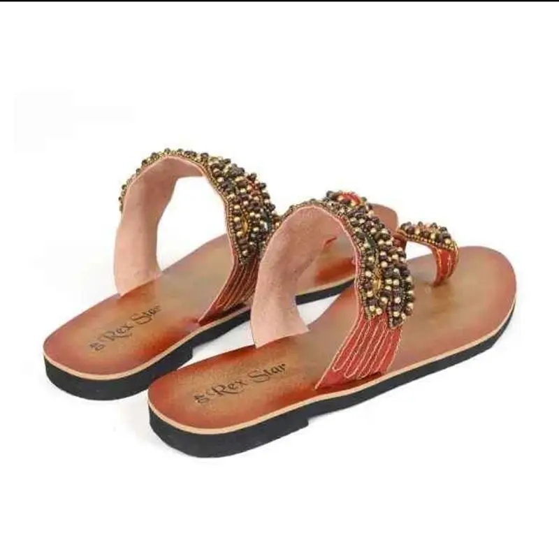 Picture of Ladies Gorgeous Random Use Flat Sandals With Puthi work - Rajsthani Stone Work One Pie Girls Flat Shes - Womens One Pie Casual Slipper - Female Flat Slides Sandals (Black)