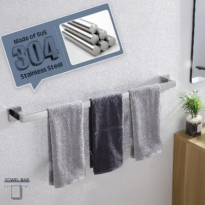 Picture of Single Towel Bar, Bathroom Kitchen Towel Holder, Wall Mounted SUS304 Stainless Steel Towel Rack, Polished Chrome (Silver)