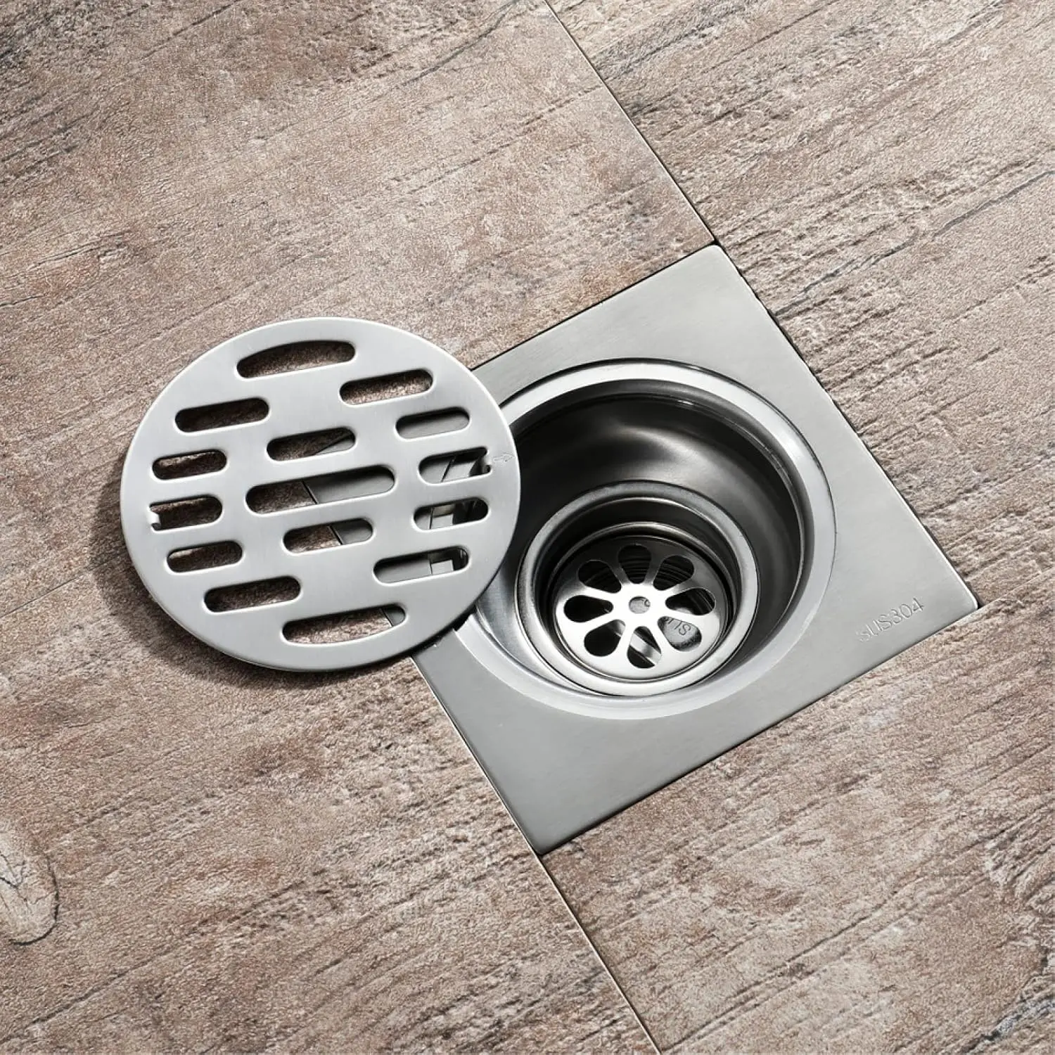 Picture of Square Floor Drain, 304 Stainless Steel Brushed Bathroom Floor Drain, 5inch Shower Floor Drain with Removable Cover and Hair Strainer, for Kitchen, Washroom, Bathroom Show (Silver)