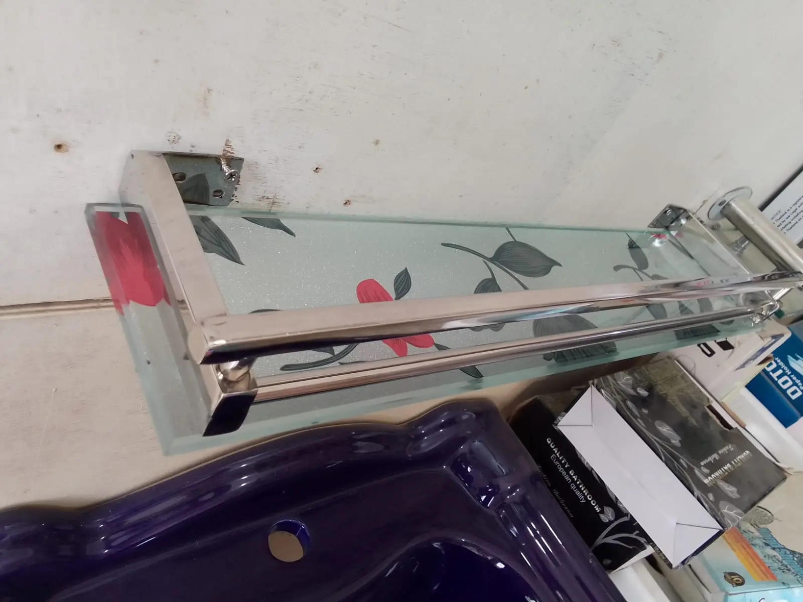 Picture of Glass Bathroom Shelf, Glass Shower Shelves for Bathroom Rectangular Tempered Glass Floating Shelves for Wall with  Stainless Steel Rail and STainless steel  Bracket18 inch shelf, 21 inch shelf