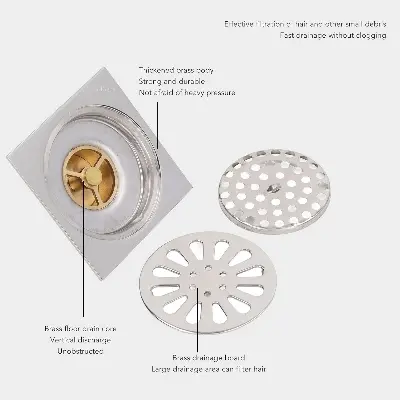 Picture of MADE IN CHINA Floor Drain, Electroplating Copper Stainless Steel Fast Drainage, Shower Floor Drain, Hair Strainer Floor Drain for Home Bathroom Kitchen Garage Garden Balcony Washing Machine (Silver)