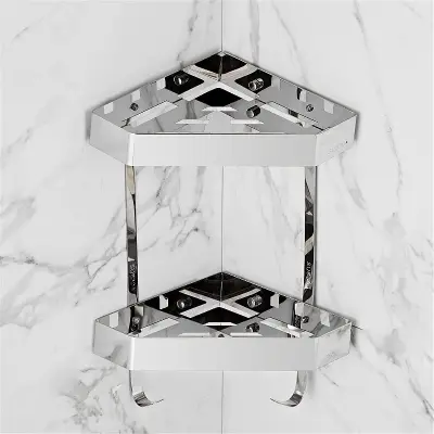 Picture of Diamond Shape Double Layer Stainless steel Shower Shelf Racks Bathroom Shelf, Chrome Bath Shower Shelf, Stainless Steel, Bathroom Corner Shelf, Wall Mounted  Kitchen Storage Holder Shower Caddy (Silver)