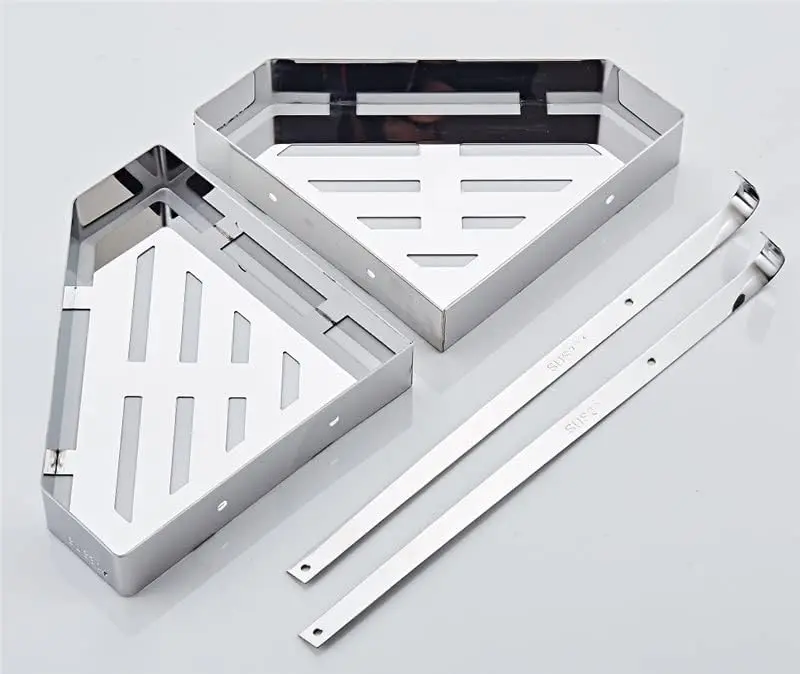 Picture of Diamond Shape Double Layer Stainless steel Shower Shelf Racks Bathroom Shelf, Chrome Bath Shower Shelf, Stainless Steel, Bathroom Corner Shelf, Wall Mounted  Kitchen Storage Holder Shower Caddy (Silver)