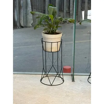 Picture of Modern Decorative Standing Flower Succulent Pot Holder, Plant Stand- Set With Tall Metal Stand, Indoor Outdoor Terrace Patio Home Decor (Black)
