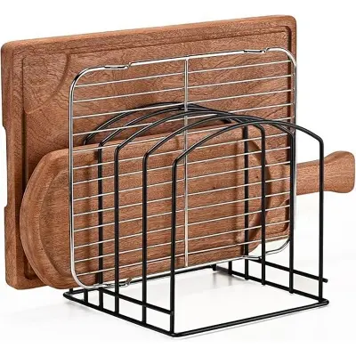 Picture of Cutting Board Organizer, Kitchen Cabinet Organizer for Baking Tray/Chopping Board, Stainless Steel Cookware Holder with 5 Slots, Cutting Board Storage Rack Cookie Sheet Baking Pan Organizer-1pc (Black)