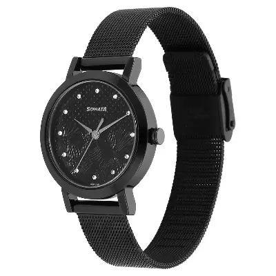 Picture of Sonata Black Round Dial Black Strap Watch For Ladies