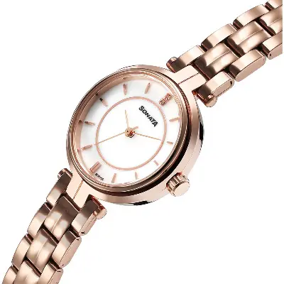 Picture of Sonata White Round Dial Rose Gold Strap Watch For Ladies