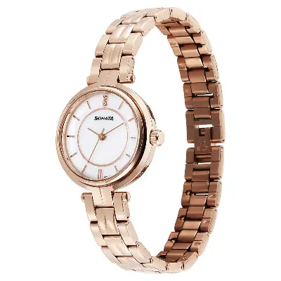 Picture of Sonata White Round Dial Rose Gold Strap Watch For Ladies