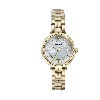 Picture of Sonata White Round Dial Gold Strap Watch For Ladies