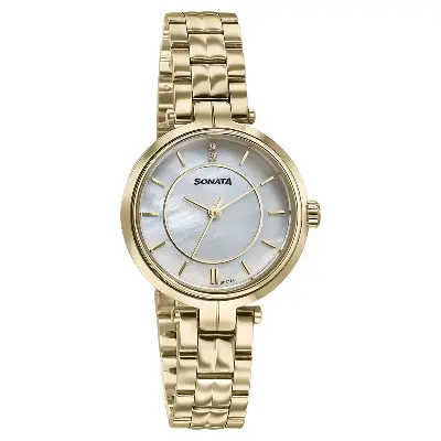 Picture of Sonata White Round Dial Gold Strap Watch For Ladies