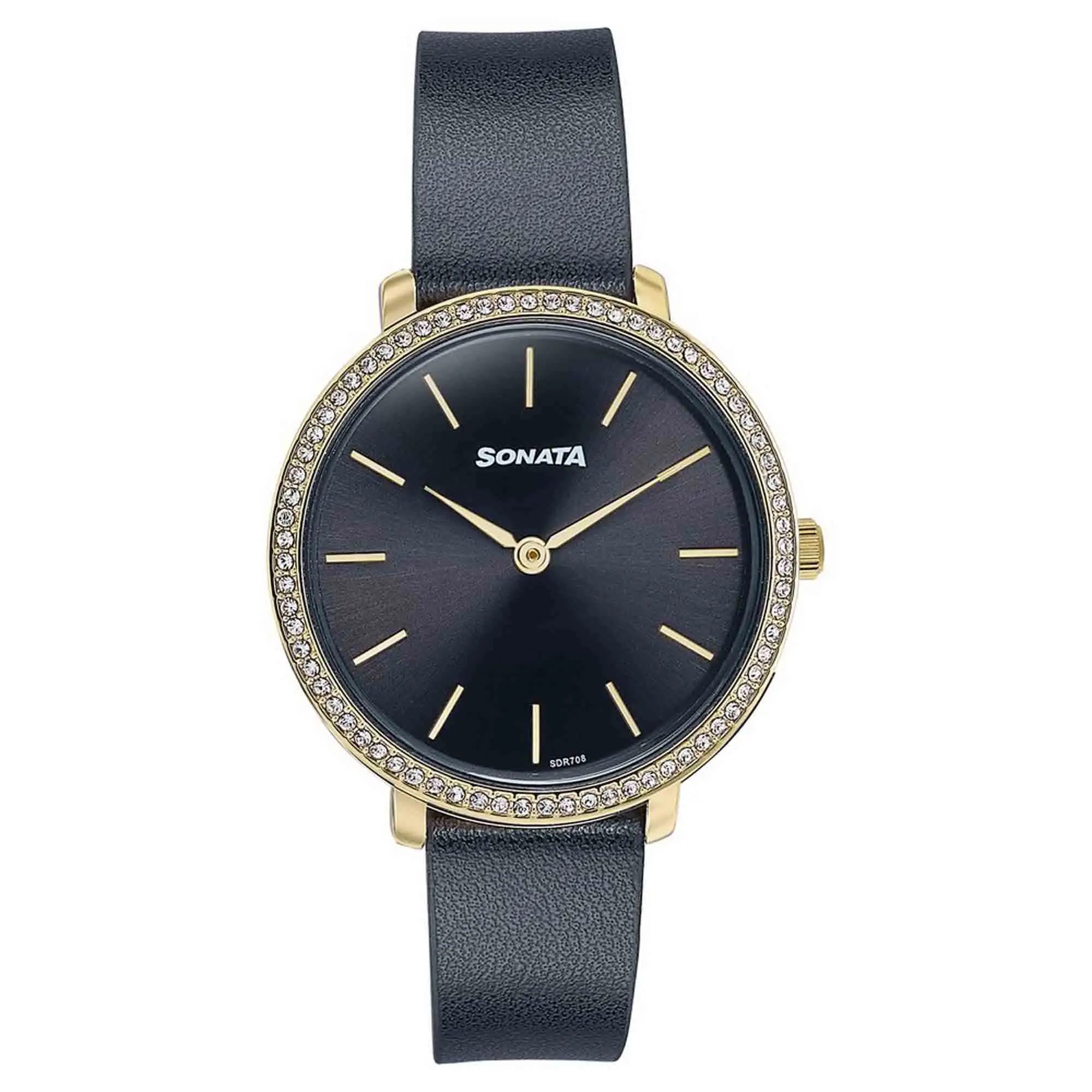 Picture of Sonata Black Round Dial Black Strap Watch For Ladies