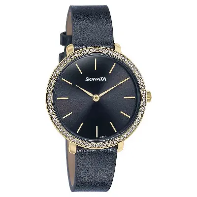 Picture of Sonata Black Round Dial Black Strap Watch For Ladies